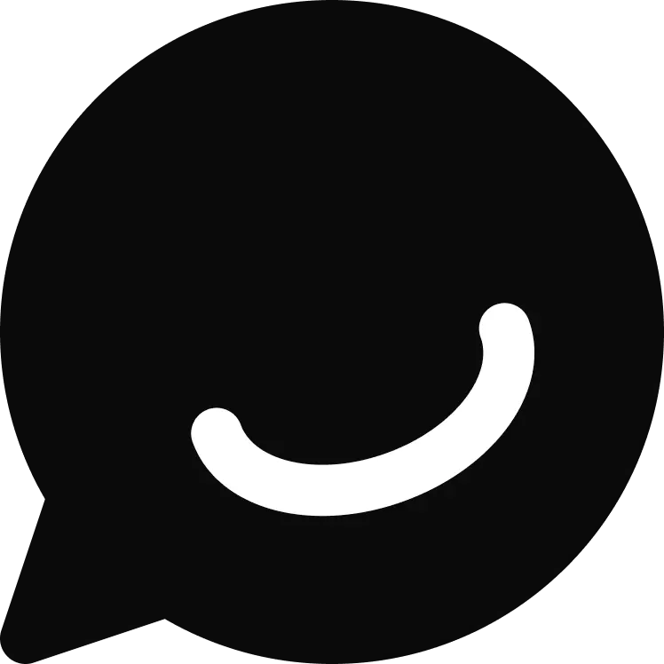 Black and white text bubble logo with a smile.
